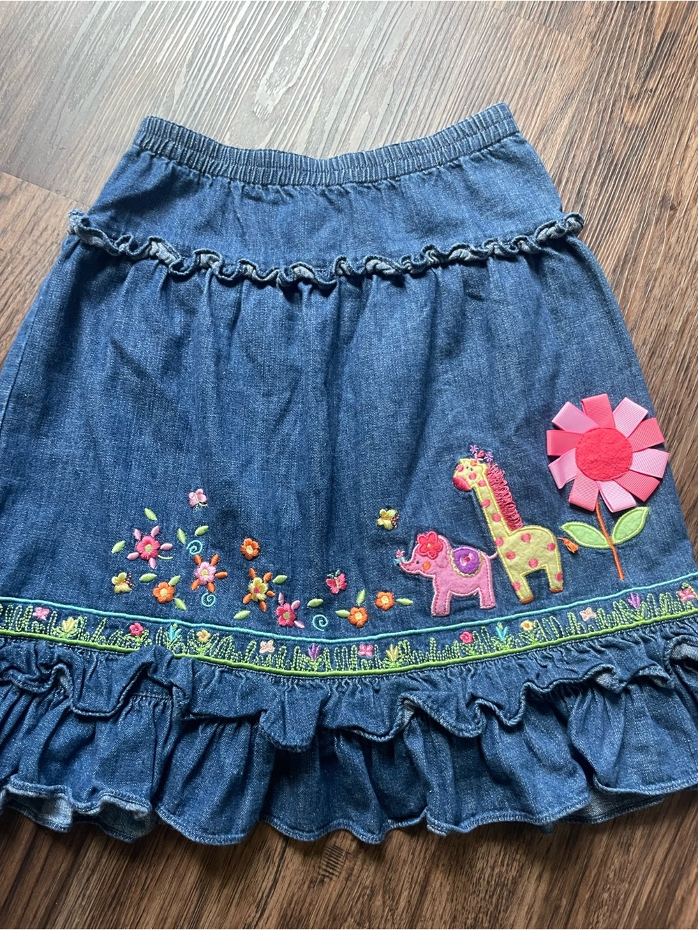 Vintage embroidery Denim Skirt with Colorful Animal & Flower Appliques